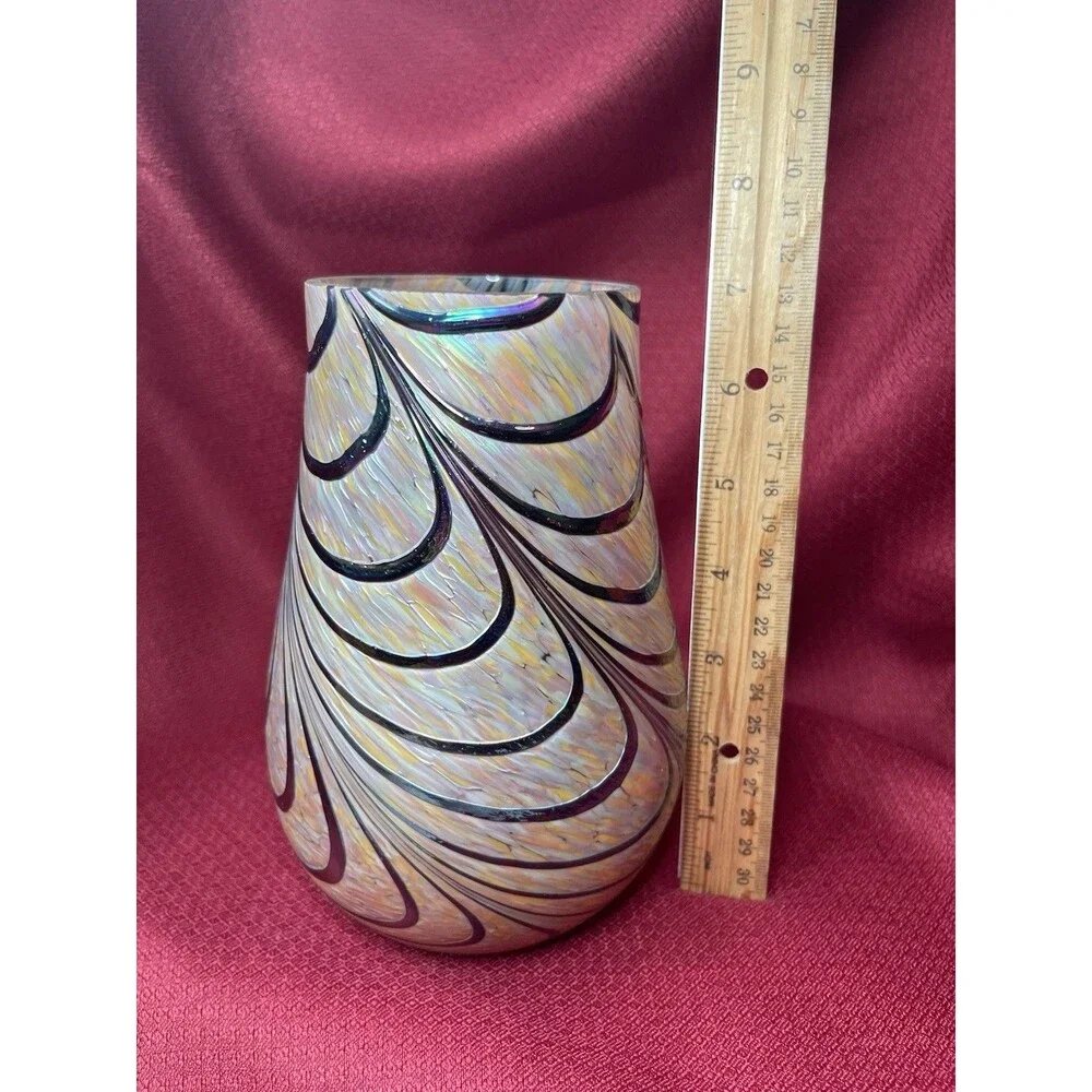 Teleflora Iridescent Art Glass Abstract Swirl Vase, Black, Taiwan, 7.5 in